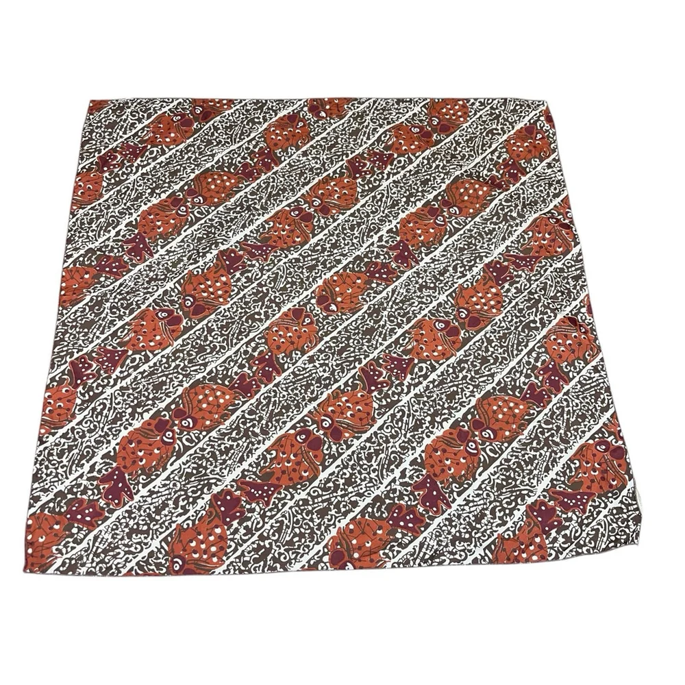 Vintage Burnt Orange Cream Brown Fish Pattern Scarf 100% Polyester‎ Made In USA